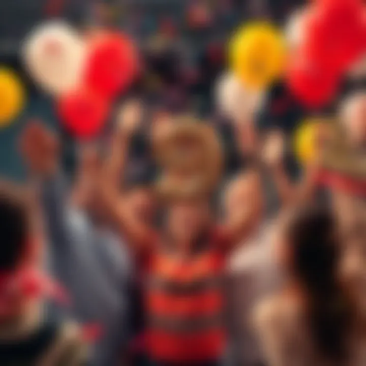 A group of people celebrating with balloons and confetti after reaching number nine in rankings
