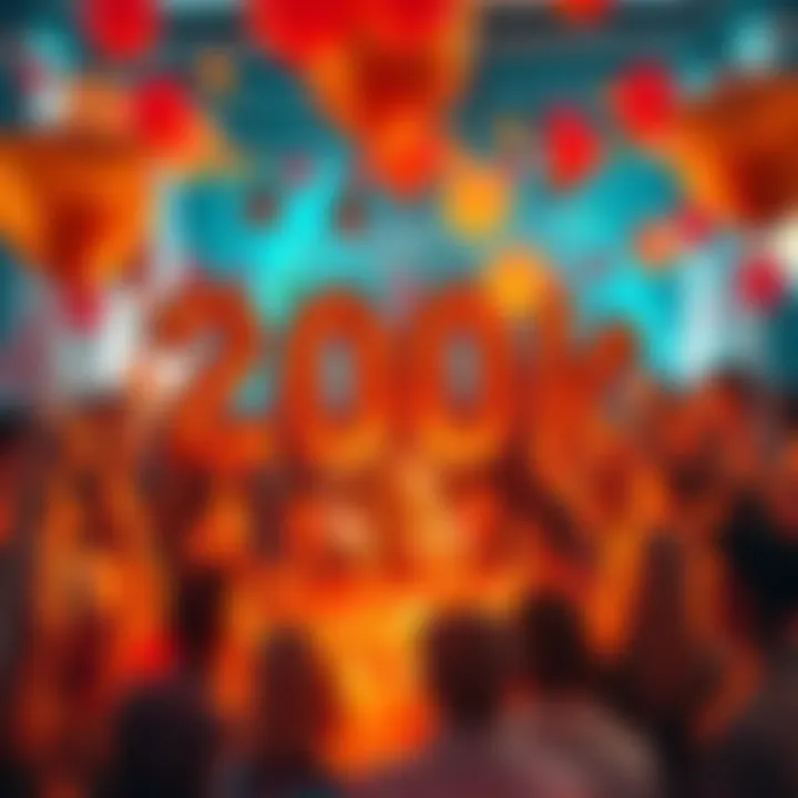 A festive gathering of diverse people celebrating the milestone of 200,000 forum members with balloons and banners.