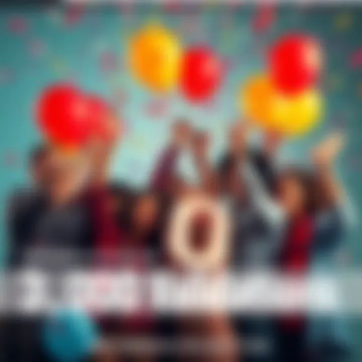 A group of diverse people celebrating together with balloons and confetti, marking the achievement of 3,000 validations in the community.