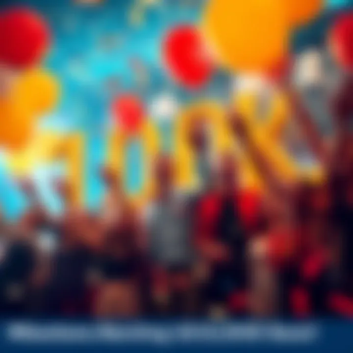 A group of excited people celebrating as they approach a milestone of 100,000 with balloons and confetti.