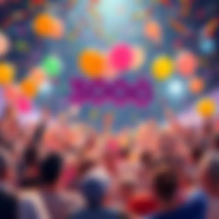 A vibrant crowd of animated characters celebrating a milestone with balloons and confetti.