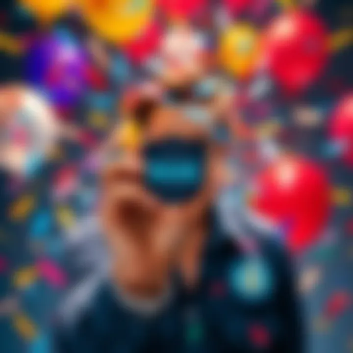 A person holding a badge with a big smile, surrounded by colorful confetti and balloons, symbolizing achievement and celebration.