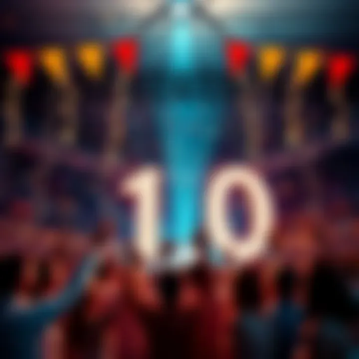 A group of people celebrating a milestone with confetti and banners for reaching the .10 mark.