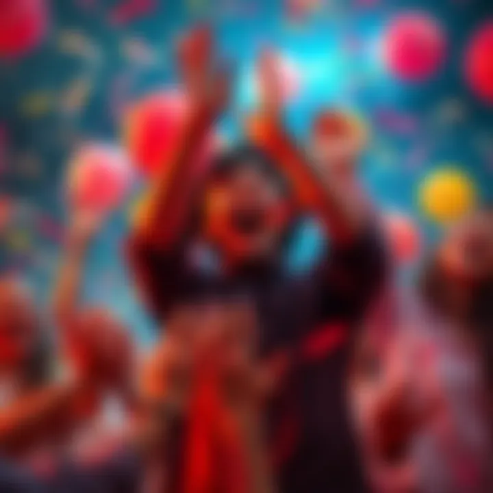 Celebration of a viral post A person excitedly celebrates their first viral post with friends, surrounded by balloons and confetti.