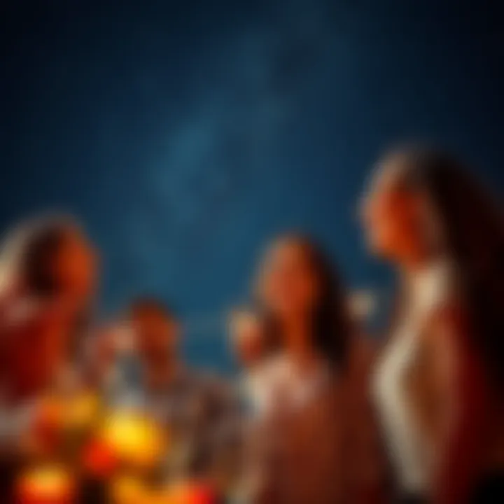 A group of friends enjoying a joyful evening outdoors, celebrating with laughter and smiles beneath a clear starry sky.