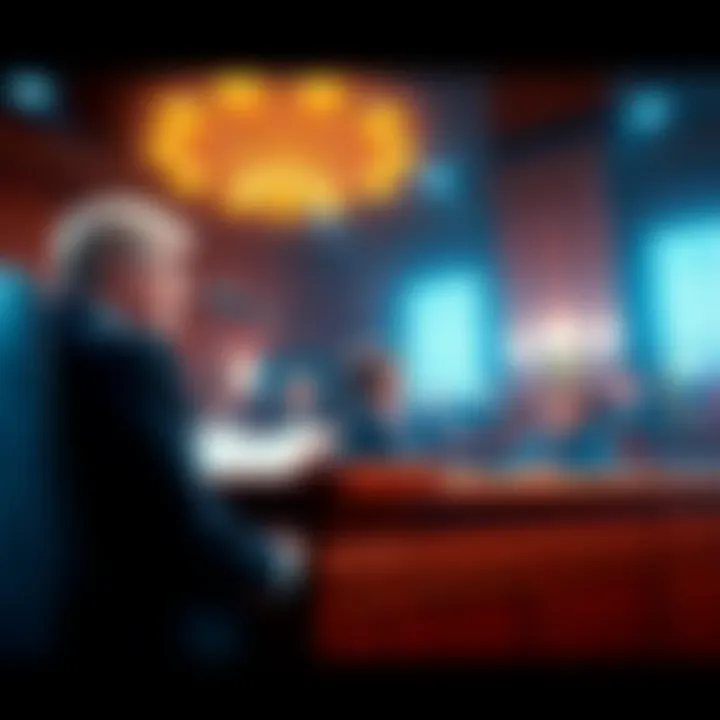 A courtroom scene showing a judge and lawyers discussing the Celsius lawsuit against Tether, highlighting the ongoing legal conflict.