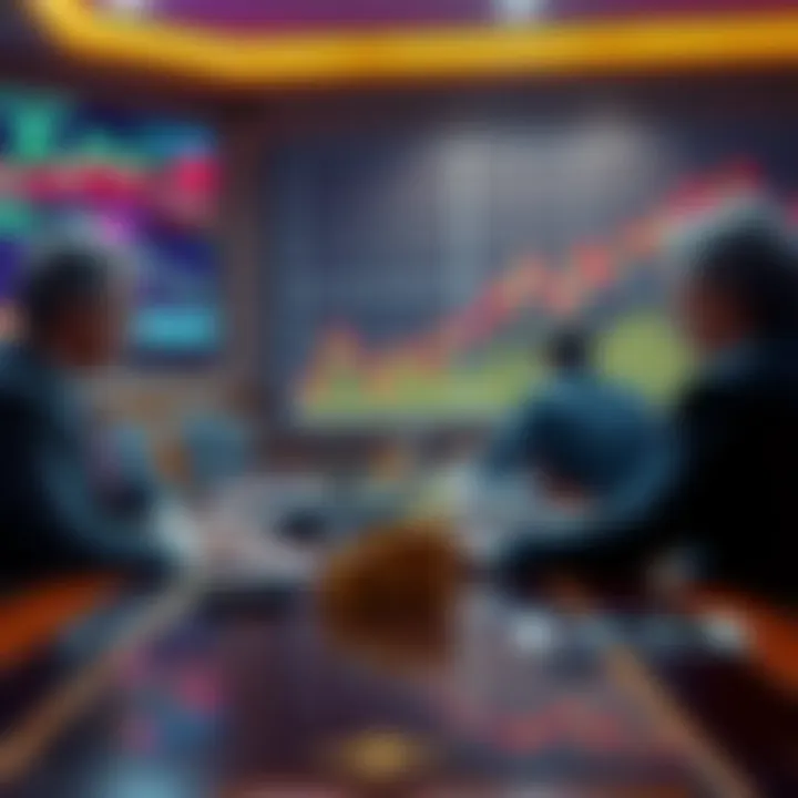 Central bank officials express concern over stablecoins during a meeting, with charts showing their performance as money in the background.