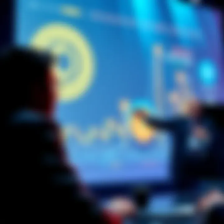 A CEO giving a presentation about major changes in the cryptocurrency market, highlighting potential mergers and exits of firms.