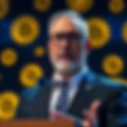 CFTC Chairman Michael Selig speaking about new cryptocurrency regulations in the US, with a backdrop of Bitcoin symbols.