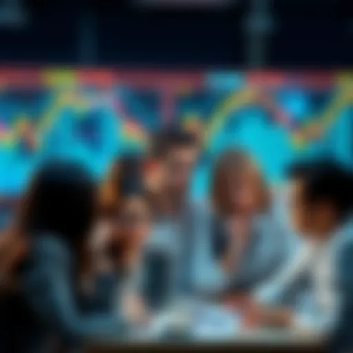 A group of people discussing investment strategies, looking confused about Chainlink's importance, with financial charts in the background.