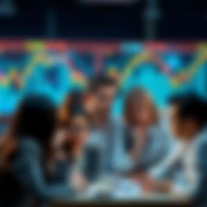 A group of people discussing investment strategies, looking confused about Chainlink's importance, with financial charts in the background.