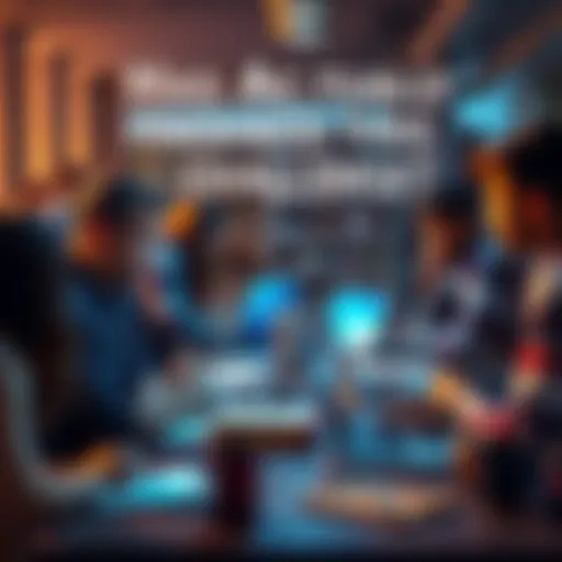 A group of people sharing their experiences about completing a challenge at a table with notebooks and laptops