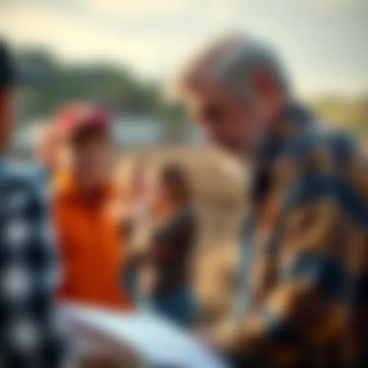 Charles talking to a group of young entrepreneurs about paperwork and business stories, with a farm background in view.