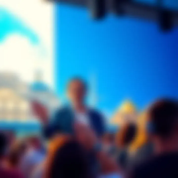 Charles Hoskinson speaking at a crypto event in Argentina, with a backdrop of local landmarks and audience engagement.