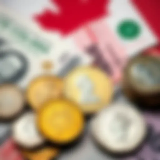 A collection of Charles III coins displayed alongside Canadian dollar bills, showcasing their design and appearance, with a focus on their presence in everyday transactions.