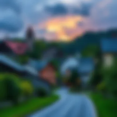 Charming Small Town on a Country Road A picturesque small town with a cozy atmosphere along a winding country road, featuring quaint buildings and lush greenery.