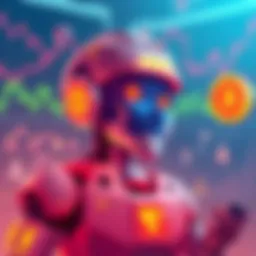 A digital illustration featuring a robot with a coin symbol representing cryptocurrency, surrounded by charts and user boards, indicating discussions about investment strategies.