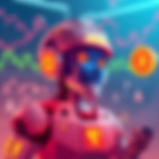 A digital illustration featuring a robot with a coin symbol representing cryptocurrency, surrounded by charts and user boards, indicating discussions about investment strategies.