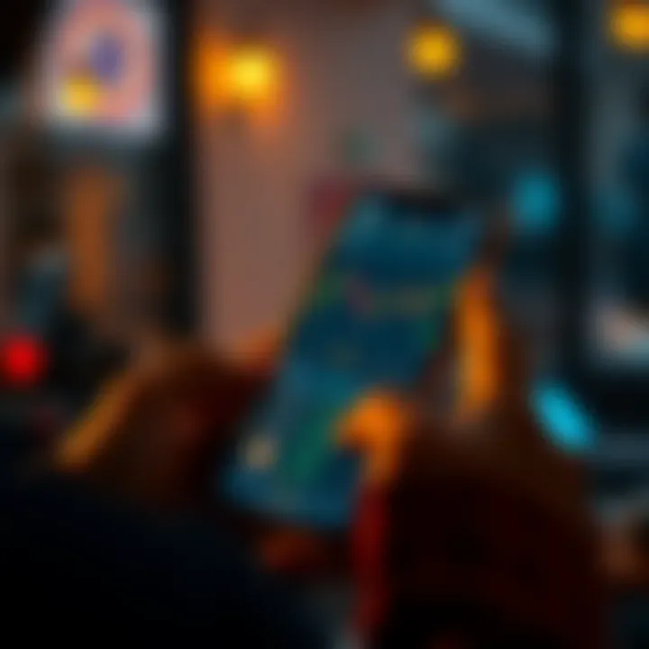 A person using a smartphone to check Bitcoin prices on a financial app, with charts and graphs visible on the screen.