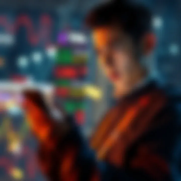 A person anxiously checking stock prices on their phone multiple times a day, highlighting the stress of over-monitoring investments.