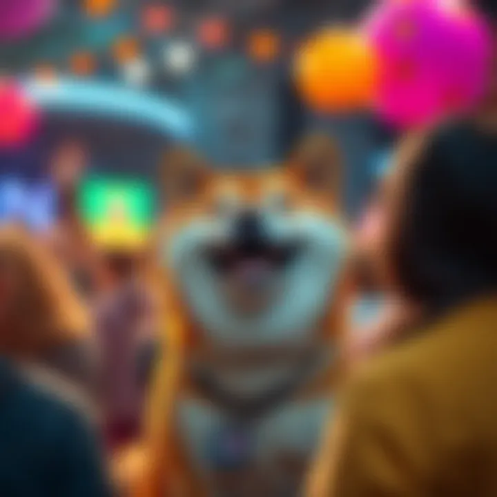 A happy Shiba Inu surrounded by excited community members at an event, showcasing trends and lively engagement.