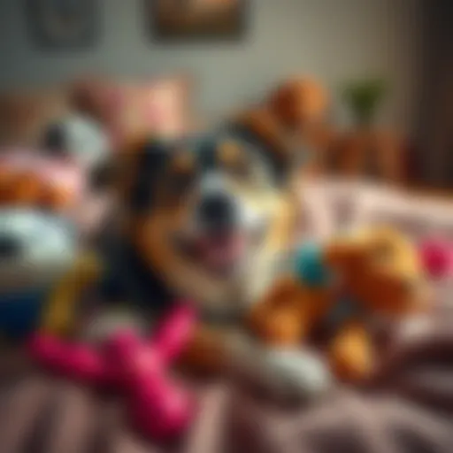 Chewy, a friendly dog with a happy expression, lies comfortably on a soft bed in his new home, surrounded by toys and love.