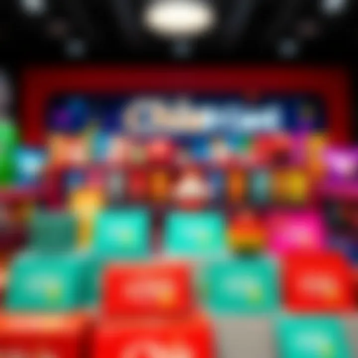 A colorful display of Chia Shop Gift Cards arranged with Chia products in the background