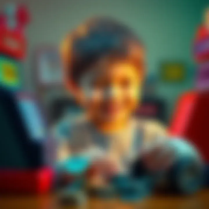 Child learning about money A young child counting coins and smiling, surrounded by toy cash registers and play money, illustrating early financial education