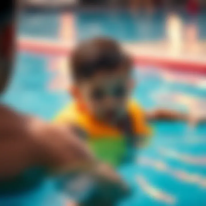 A young child wearing a bright life jacket swims in a pool with an adult watching nearby, promoting water safety during summer activities.