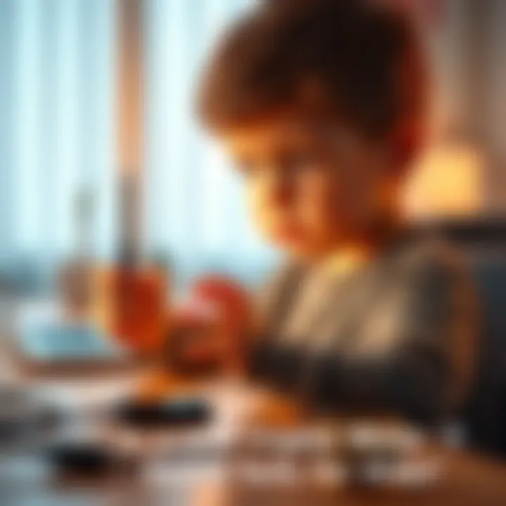 A child holding a USB crypto miner device while sitting at a table with a concerned look, with a laptop and Wi-Fi router in the background.