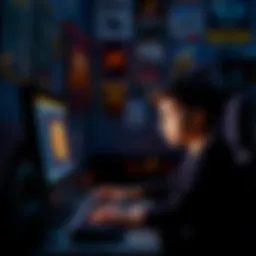 A young person sitting in front of a computer, mining Bitcoin, with gaming posters on the wall and a focused expression. The room is dimly lit, highlighting the glow of the screen.