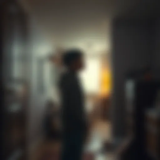 A young adult standing in the doorway of a nostalgic childhood bedroom, looking back with a thoughtful expression.