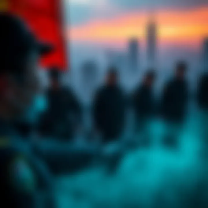 A somber scene showing Chinese authorities conducting an execution of mafia members involved in crypto fraud, with a backdrop of a city skyline.