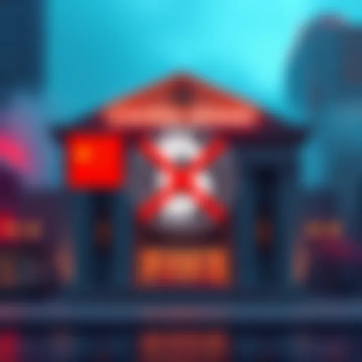 A graphic showing a bank building with a digital currency symbol being crossed out, representing China's strict crypto regulations.