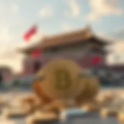 A visual representation of China's crackdown on cryptocurrency with government buildings in the background and digital coins in the foreground being restricted by chains.
