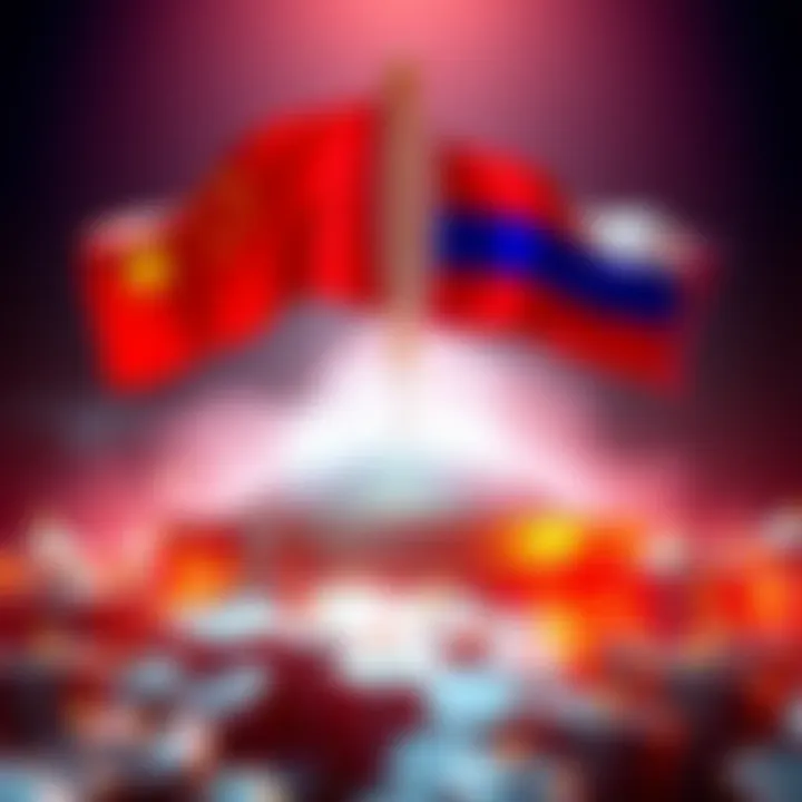 Flags of China and Russia hovering over a representation of XRP cryptocurrency symbolizing a potential acquisition of majority shares.