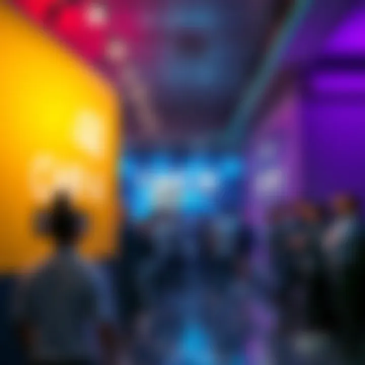 A group of people at a tech event showcasing the Chip 48, with banners and digital displays highlighting Proof of Space technology, and a presenter explaining its features.