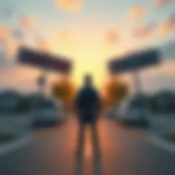 A person standing at a crossroads with signs pointing to Hometown and College Town, symbolizing the decision between two mayorships.