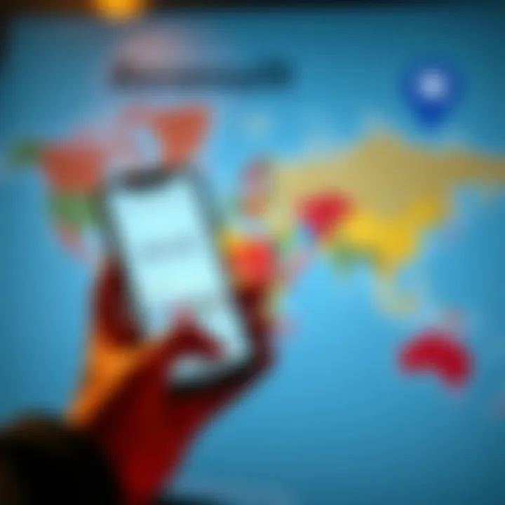 A person holding a smartphone with the Revolut app open, looking at a world map with various country flags, symbolizing selection of a country for financial services.