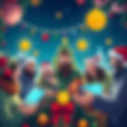 A festive illustration showing people sharing funny crypto stories with holiday decorations, highlighting a cheerful atmosphere for a $70 Bitcoin code giveaway.