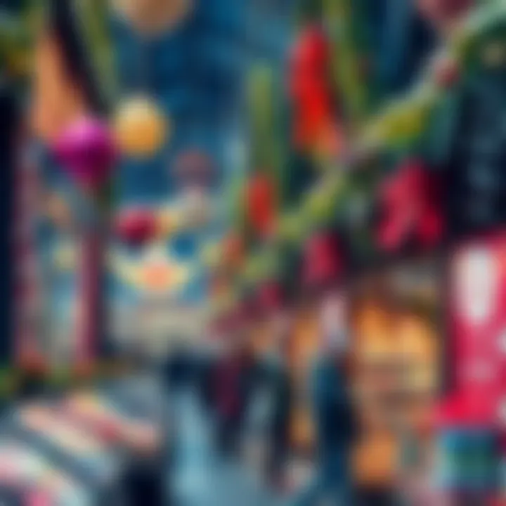 A lively Christmas market scene with people shopping for festive gifts and decorations, highlighting financial opportunities during the holiday season.