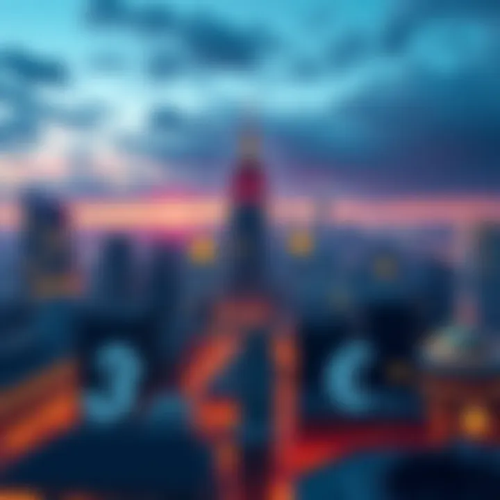 A city skyline with Bitcoin symbols and currency signs, indicating cryptocurrency acceptance