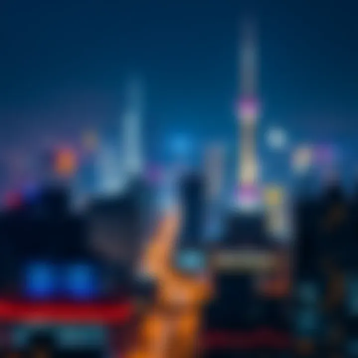 A vibrant city skyline illuminated by colorful lights at night, representing the transition to nightlife.