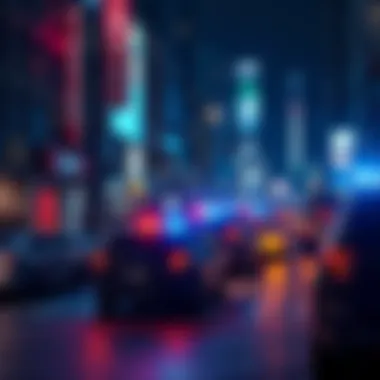 A busy city street at night with police cars and flashing lights, illustrating rising crime concerns in urban areas.