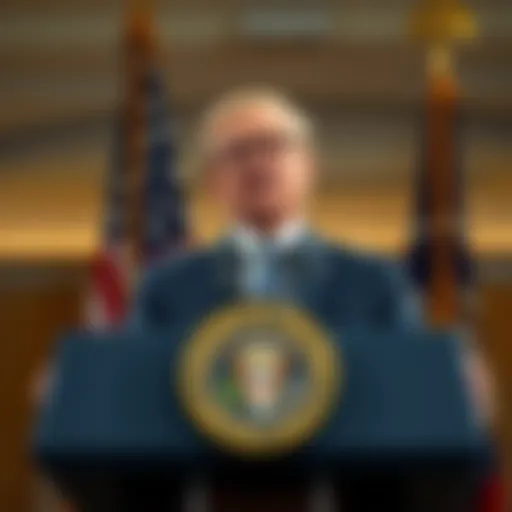 A government official at a podium announcing the near finalization of the CLARITY Act text, with an American flag in the background.