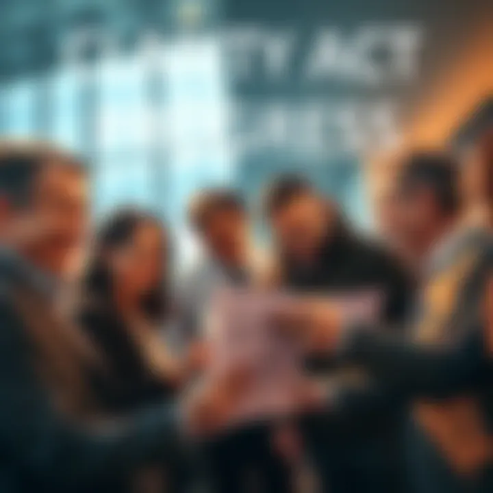 A group of people discussing a legislative document related to the Clarity Act, showing enthusiasm and collaboration.