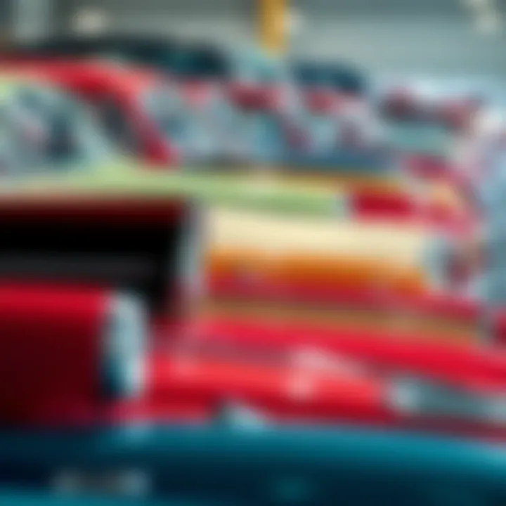 A row of classic cars displayed for sale, showcasing various models and colors, inviting buyers to explore options.