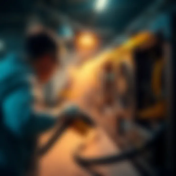 A person using a brush and vacuum to clean dust off a solo mining machine.