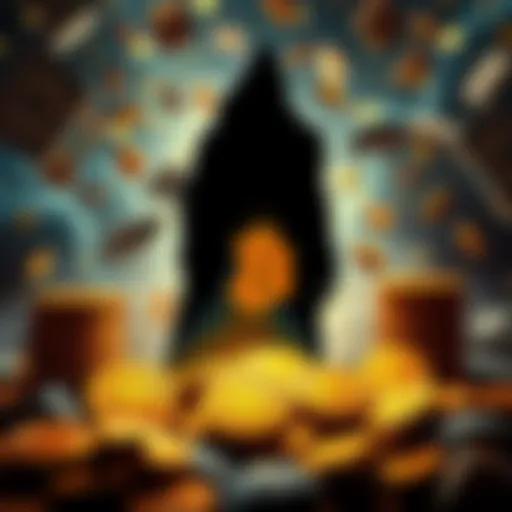 Clifton Collins Bitcoin Windfall A representation of Bitcoin coins and cash with a shadowy figure, symbolizing the resurfacing of lost wealth in the crypto world