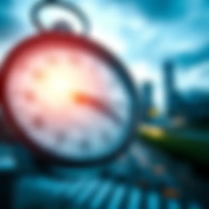 A clock face with hands moving quickly against a blurred cityscape, symbolizing the fast pace of modern life.